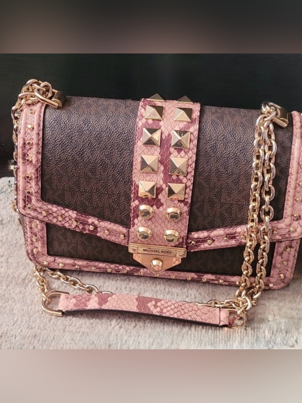 Michael Kors Black And Pink Crossbody Bag With Gold Accents